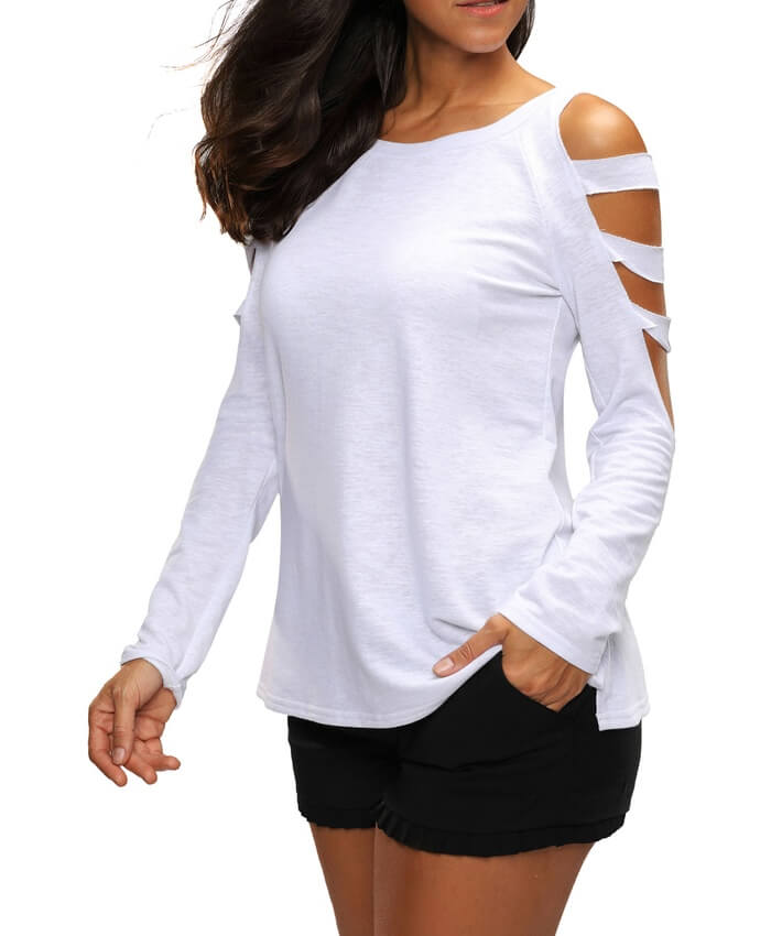Round Neck Cutout Sleeve White T Shirt